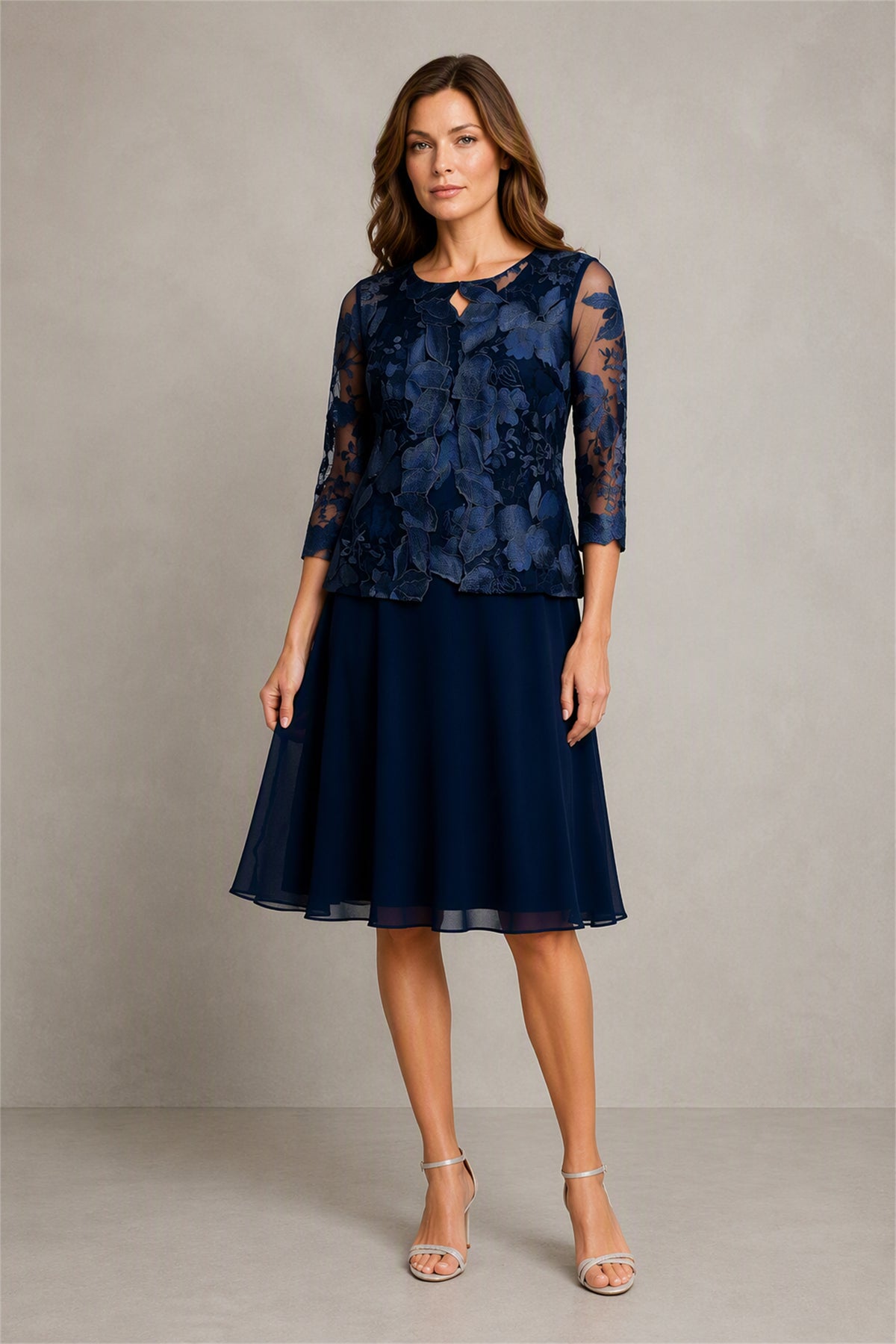 BOLODOO BX0065 navy blue 2-piece 3D floral lace top chiffon midi skirt suit - front close up showing 3D floral petal detail and keyhole neckline