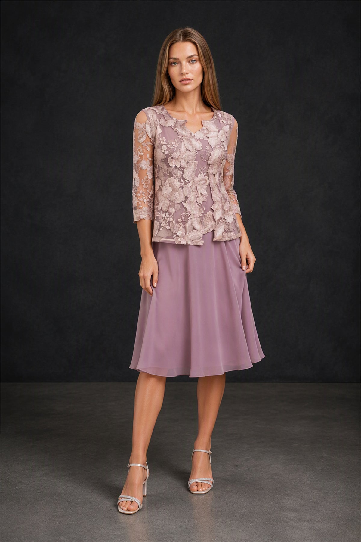 BOLODOO BX0065 wisteria 2-piece 3D floral lace top chiffon midi skirt suit - back view showing illusion lace sleeves and skirt