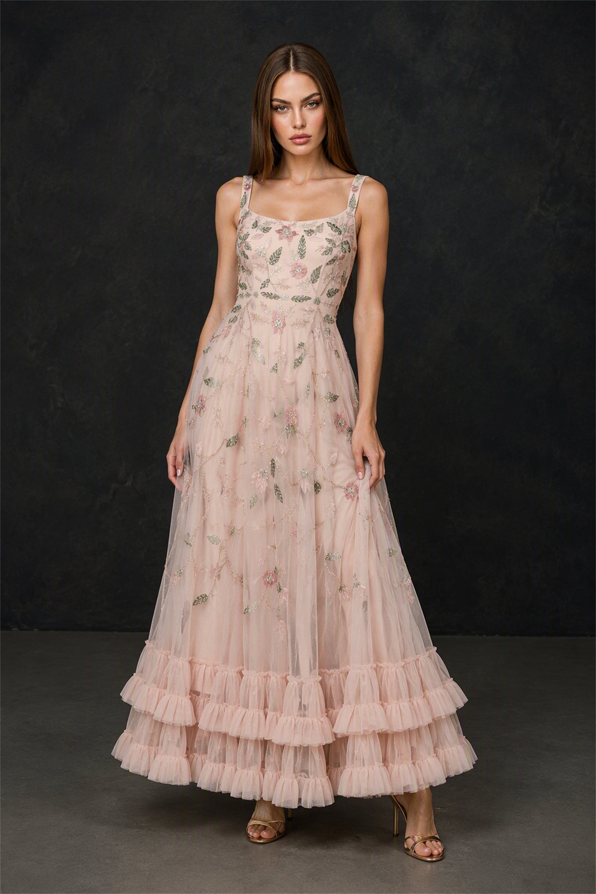BOLODOO BX0066 blush pink square neck spaghetti strap sequin leaf embroidered tulle A-line maxi dress - front close up view showing bodice embroidery detail