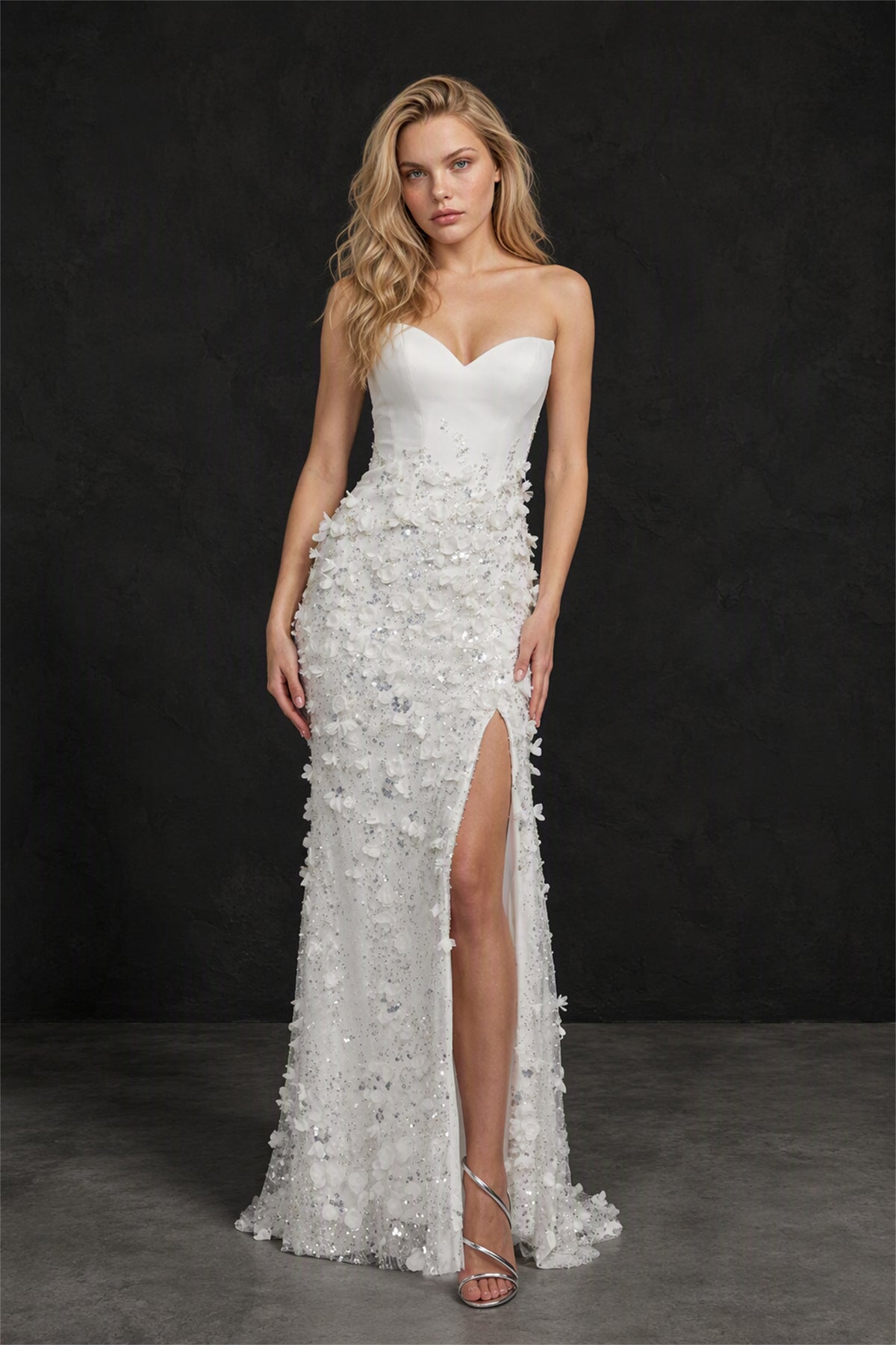 BOLODOO BX0067 white strapless sweetheart 3D floral appliqué beaded mermaid maxi dress with high slit - full length front view