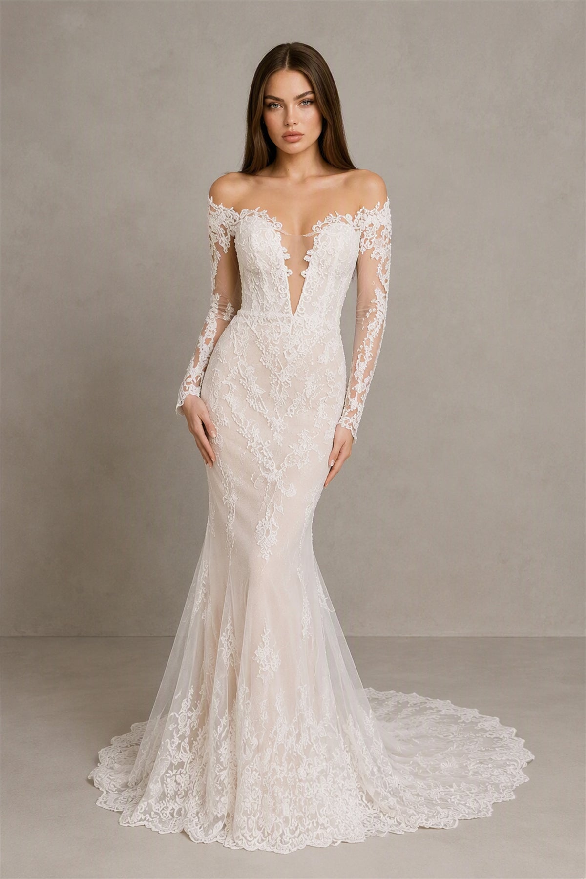 BOLODOO BX0069 white off-shoulder lace long sleeve mermaid wedding gown - back view showing keyhole cutout back and cathedral train