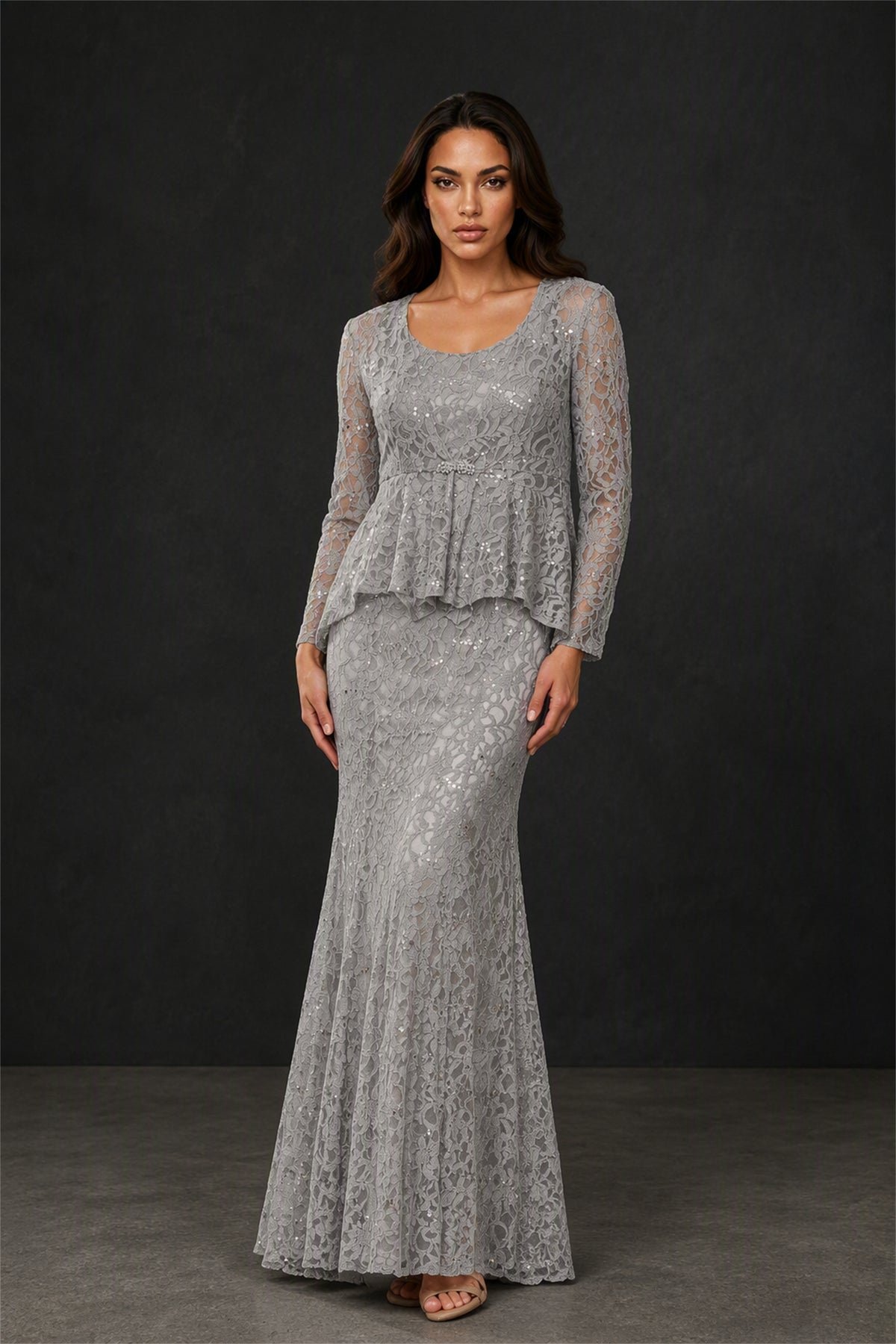 BOLODOO BX0070 silver grey sequin lace sleeveless mermaid maxi dress - back view showing open lace-up corset back