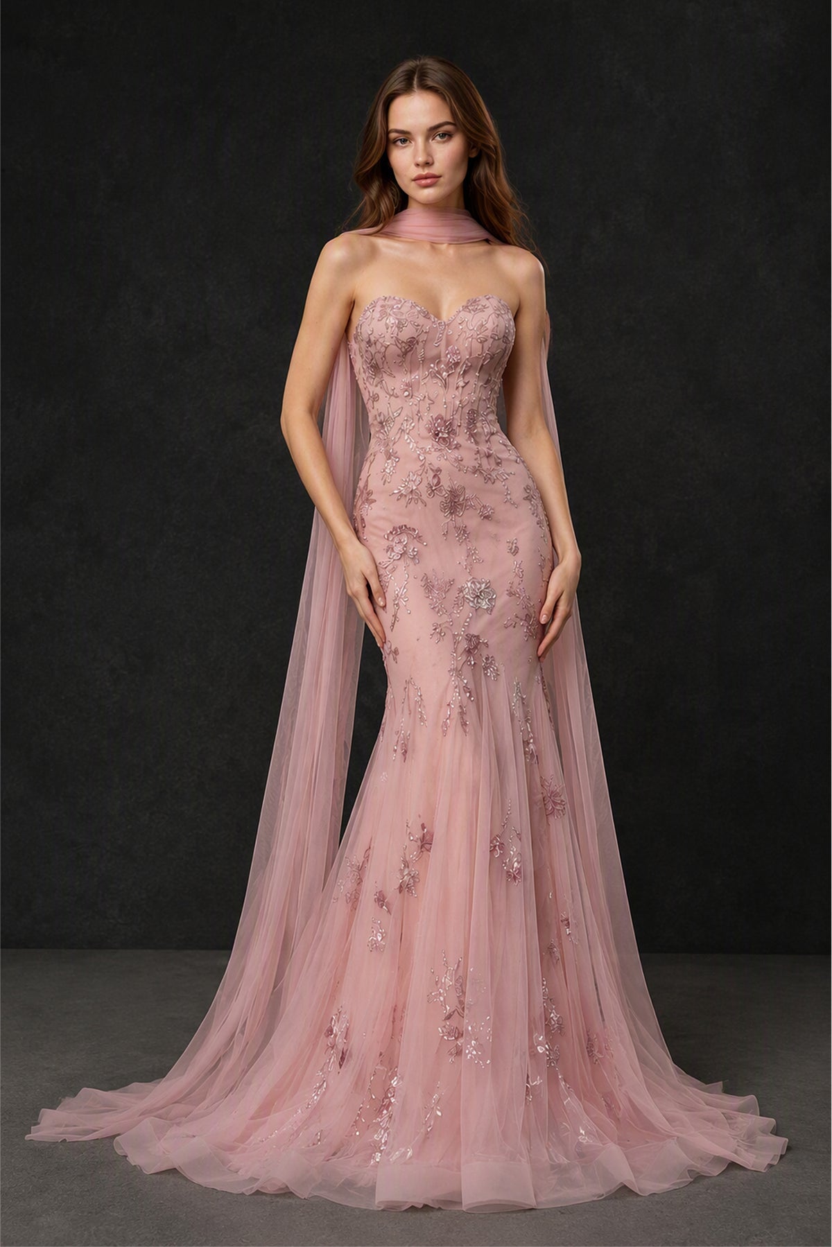 BOLODOO Blush Pink Mermaid Gown with Tulle Cape - Full Length Front View