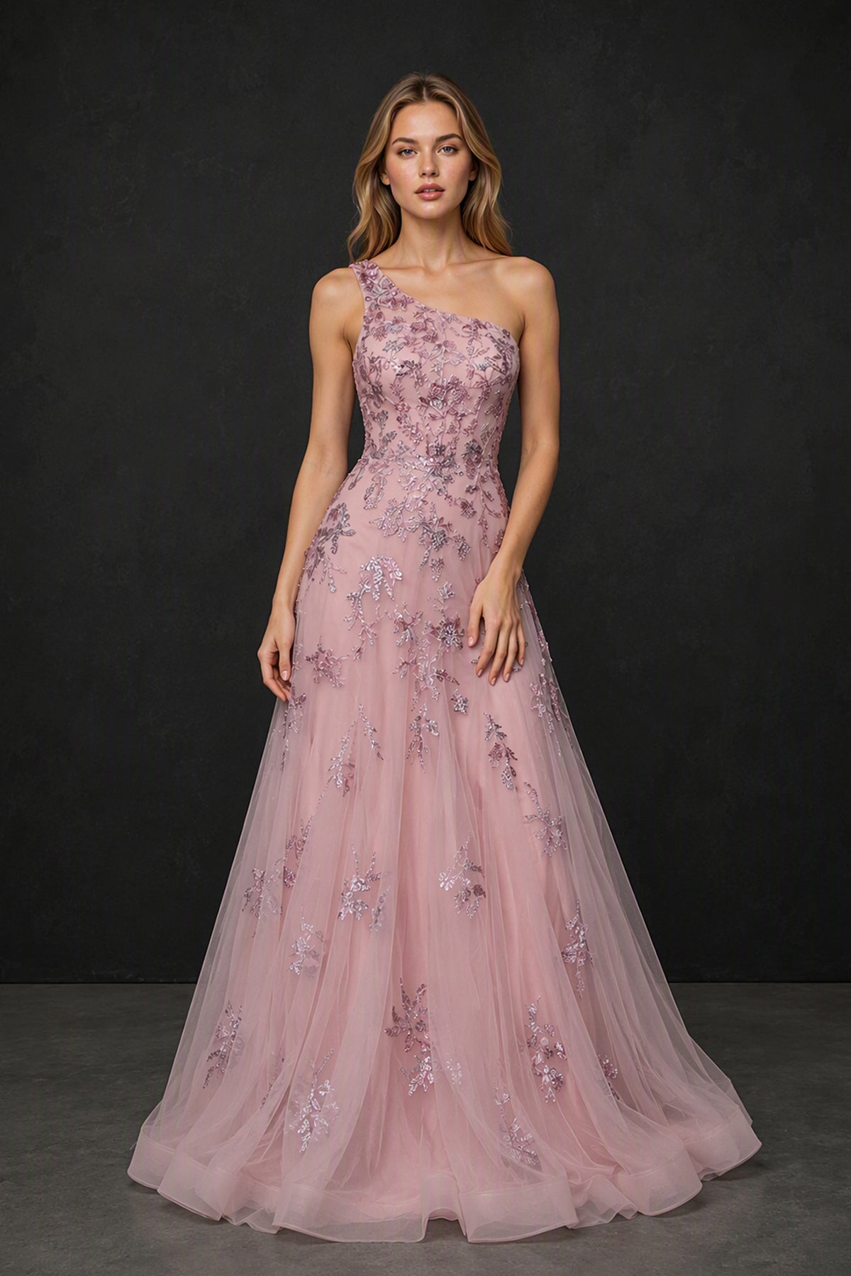 BOLODOO Dusty Mauve One-Shoulder Floral Sequin Gown - Front View Full Length
