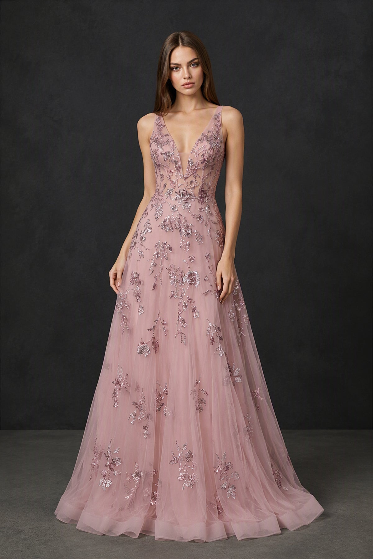 BOLODOO Dusty Rose Deep V-Neck Floral Sequin A-Line Gown - Front Side View Full Length