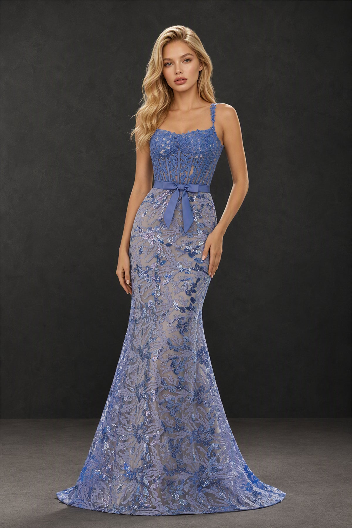 BOLODOO Periwinkle Blue Mermaid Gown - Back View Showing Open Back and Criss-Cross Straps