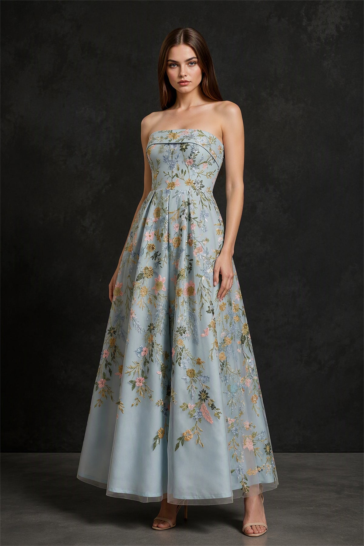 BOLODOO Dusty Blue Floral Embroidery A-Line Gown - Front View Full Length