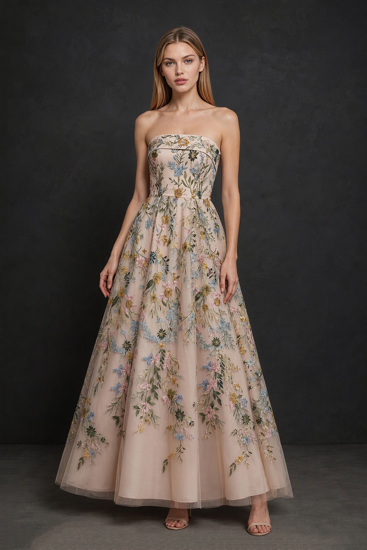 BOLODOO Champagne Floral Embroidery A-Line Gown - Front View Showing Hidden Pockets