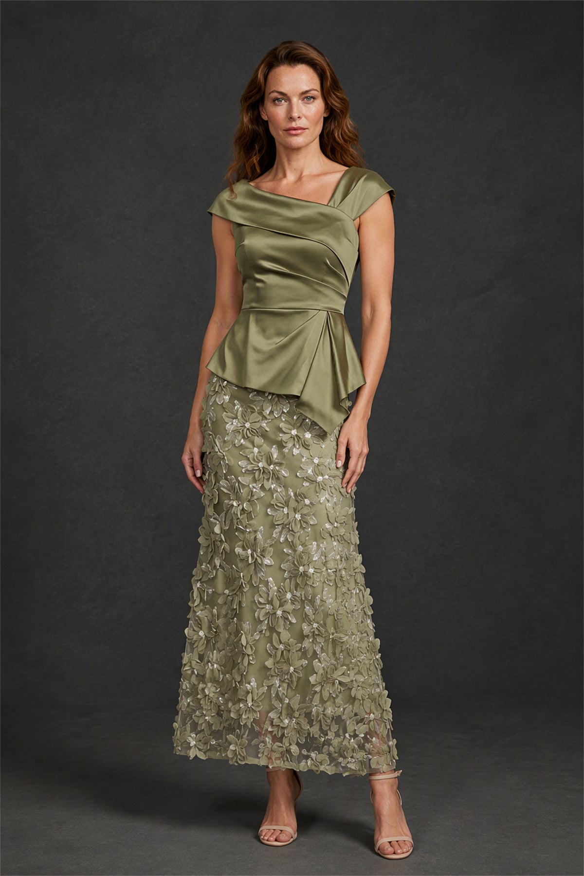BOLODOO Olive Green Satin Peplum Top & 3D Floral Lace Midi Skirt Two-Piece Set - Side View Full Length