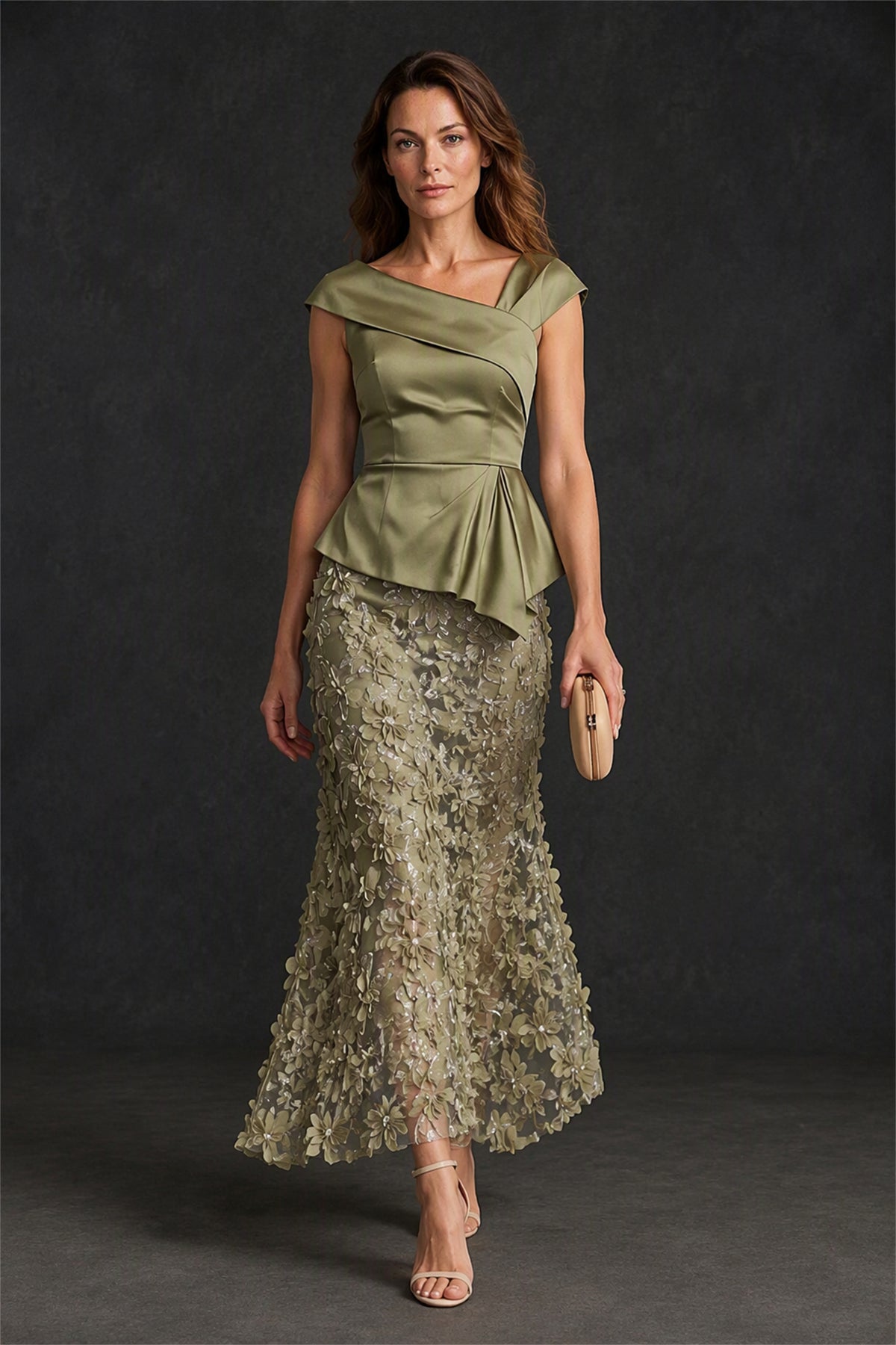 BOLODOO Olive Green Peplum & Lace Two-Piece Set - Back View Showing Peplum Detail