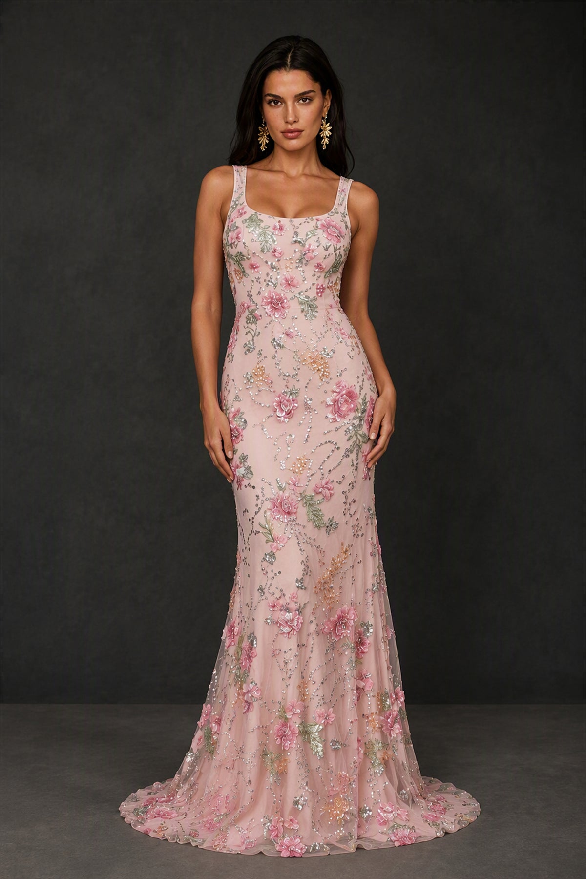 BOLODOO Blush Pink Floral Sequin Mermaid Gown - Side View Showing Silhouette and Train