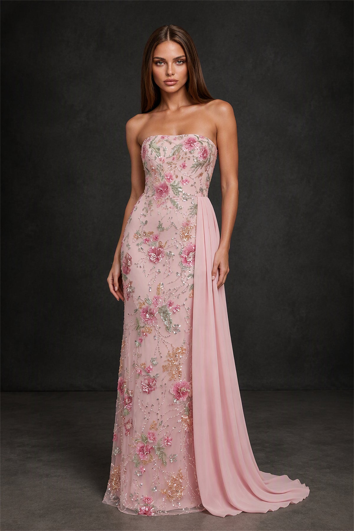 BOLODOO Blush Pink Floral Sequin Mermaid Gown - Side View Showing Chiffon Waterfall Overskirt