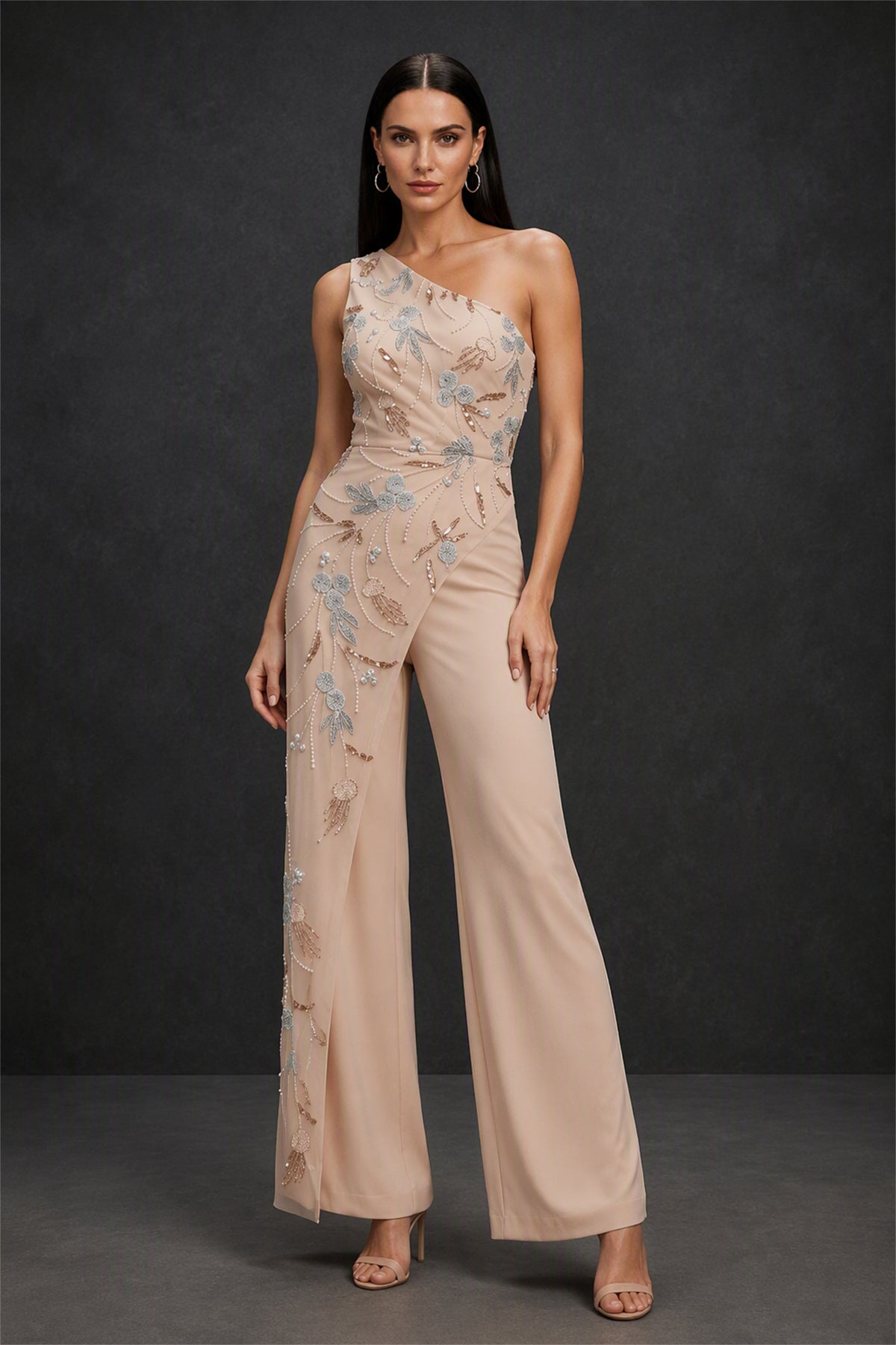BOLODOO Champagne One-Shoulder Beaded Jumpsuit - Back View Showing Open Back Detail