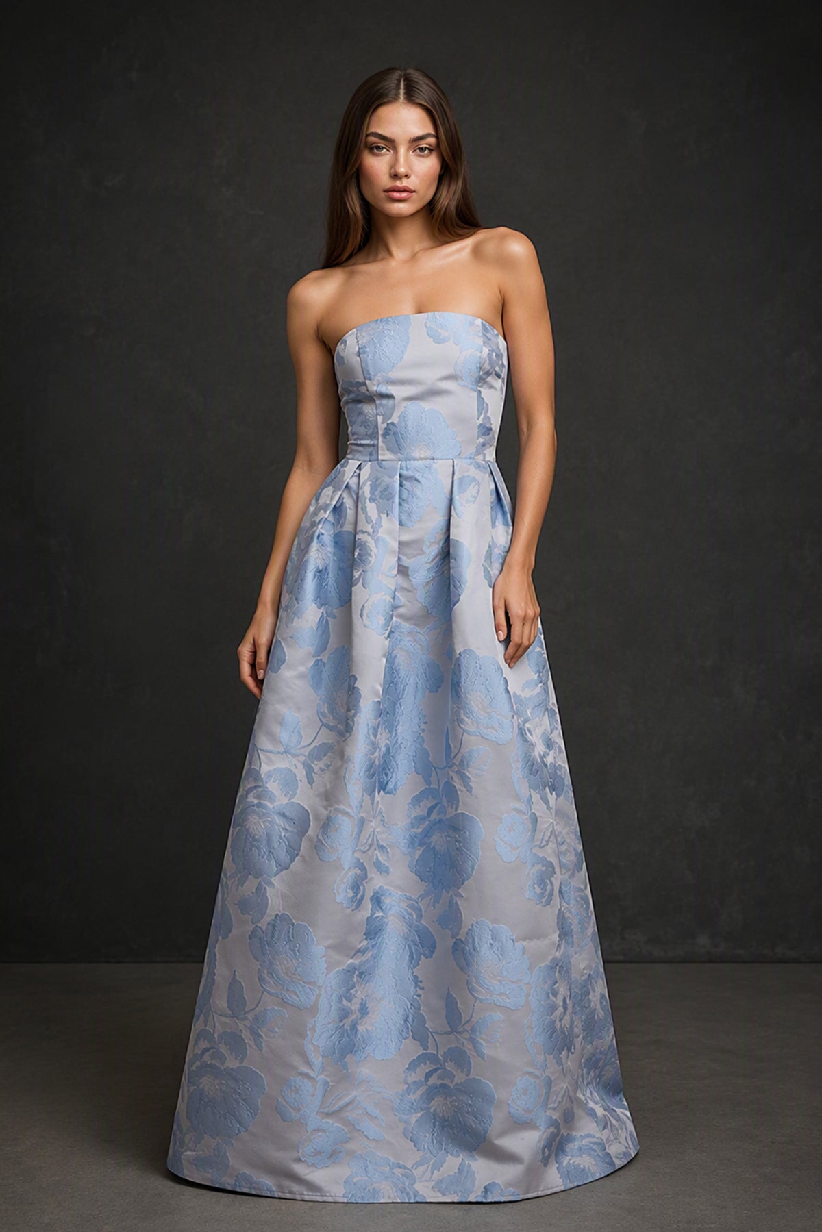 BOLODOO Cornflower Blue Strapless Floral Jacquard Satin Ball Gown - Front View Full Length