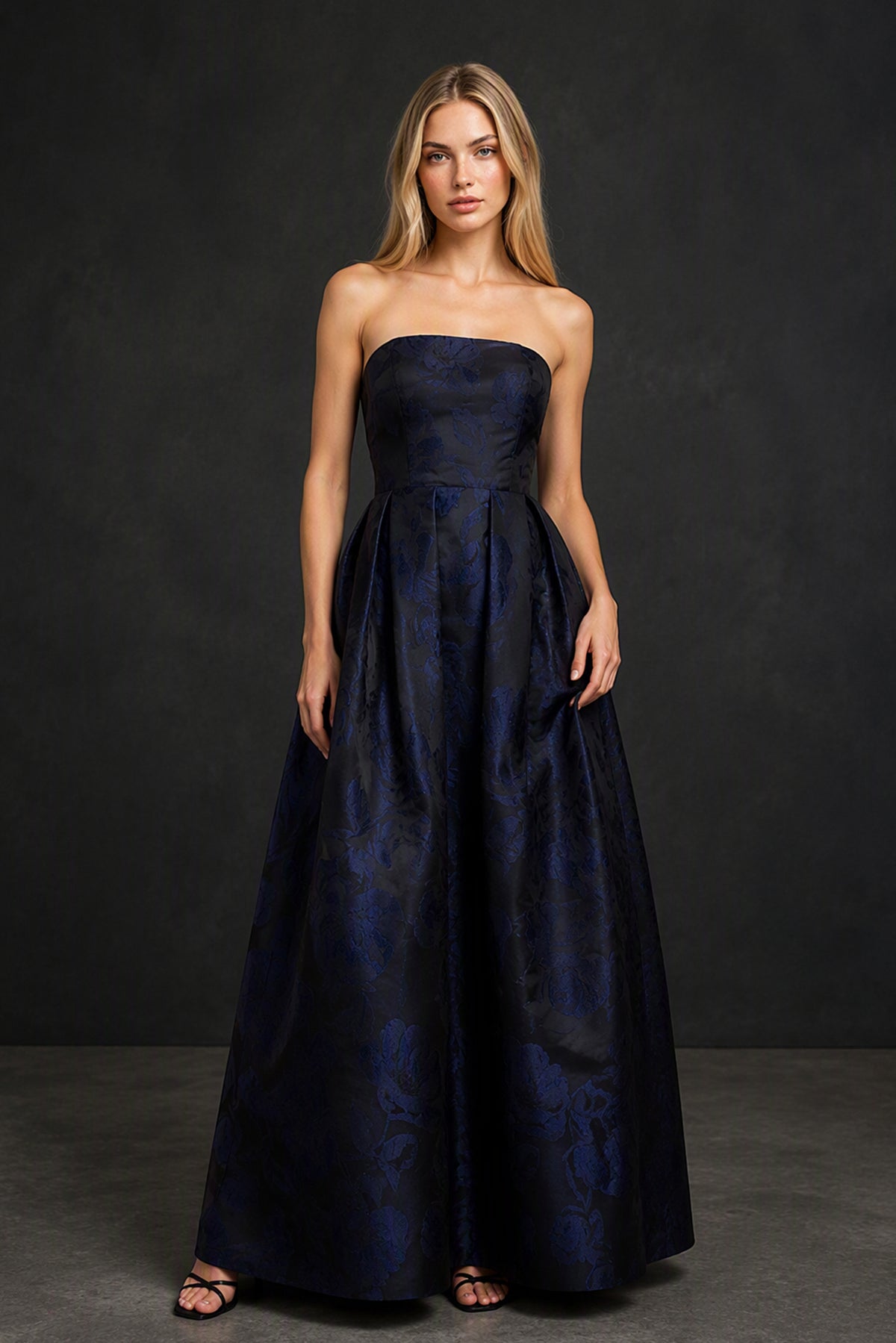 BOLODOO Navy Blue Strapless Floral Jacquard Satin Ball Gown - Front View Full Length