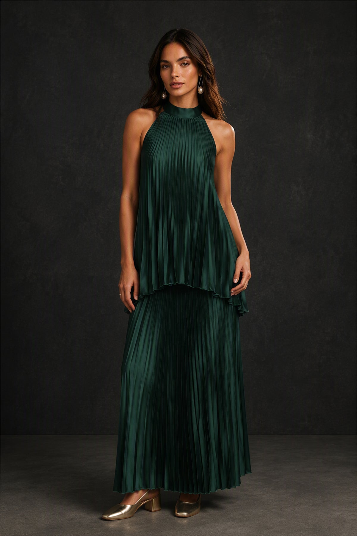 BOLODOO Emerald Green Pleated Halter Neck Two-Piece Maxi Set - Three-Quarter View
