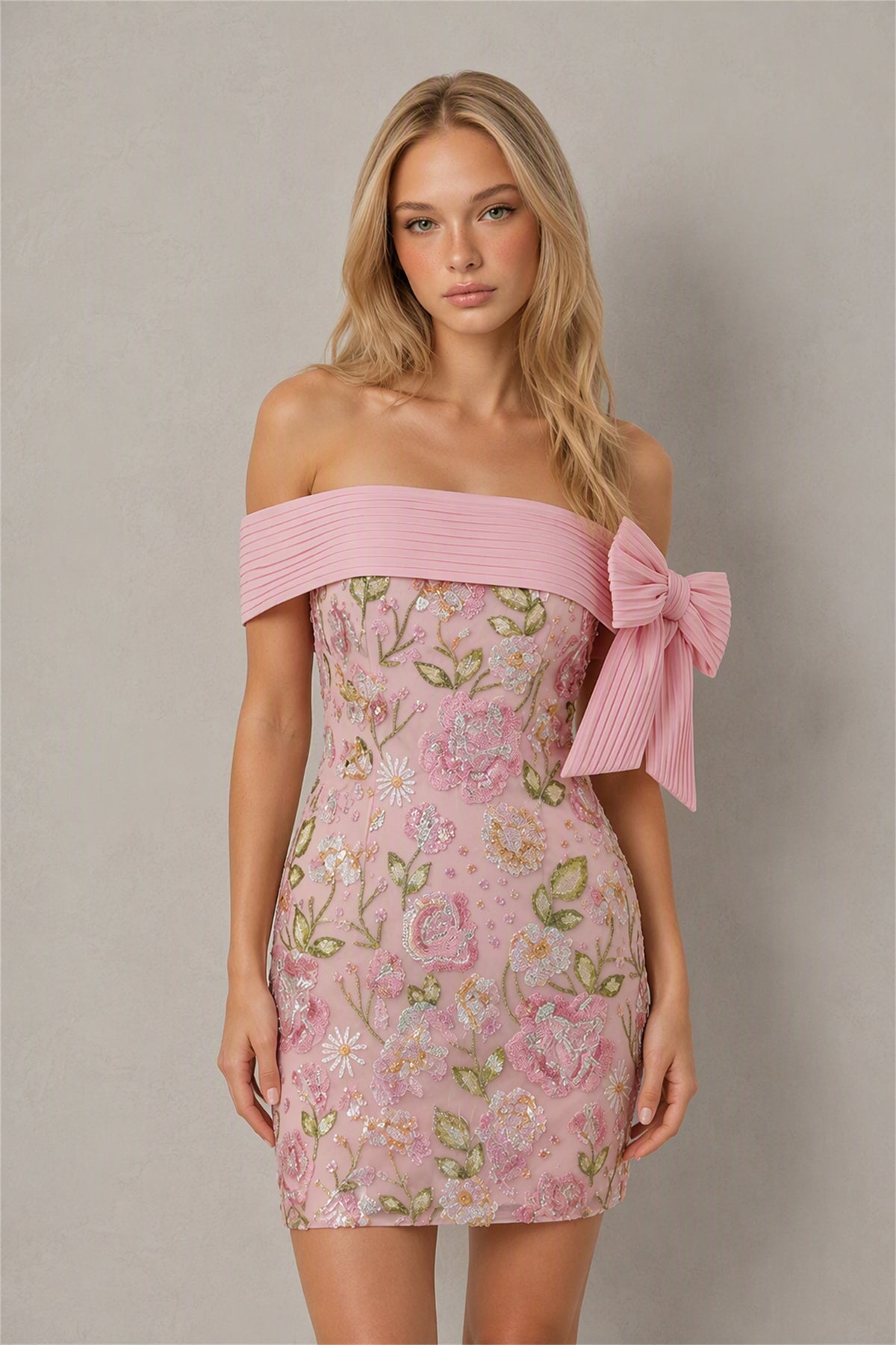 BOLODOO Pink Floral Embroidered Sequin Off-Shoulder Mini Dress with Bow - Front View Standing