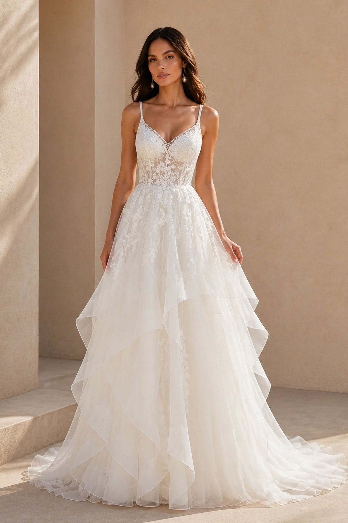 BOLODOO White Lace Appliqué Tiered Tulle Wedding Gown - Three-Quarter Front View