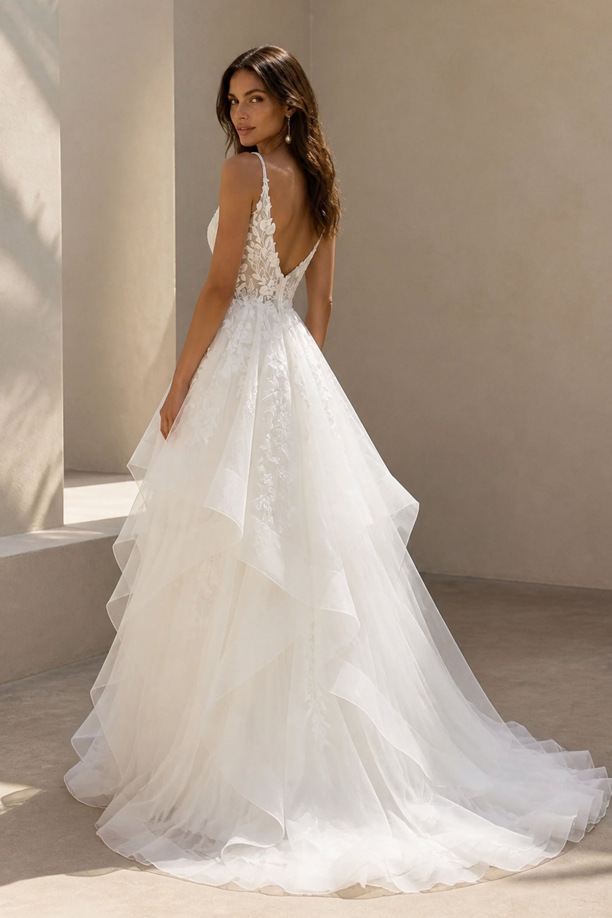 BOLODOO White Lace Appliqué Wedding Gown - Full Front View with Tiered Ruffle Skirt