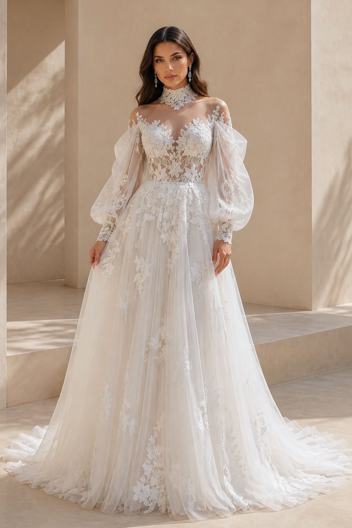 BOLODOO Ivory Lace Puff Sleeve Wedding Gown - Front View Showing High Neck Illusion Bodice