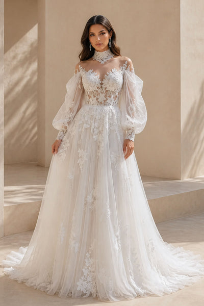 BOLODOO Ivory Lace Puff Sleeve Wedding Gown - Front View Showing High Neck Illusion Bodice