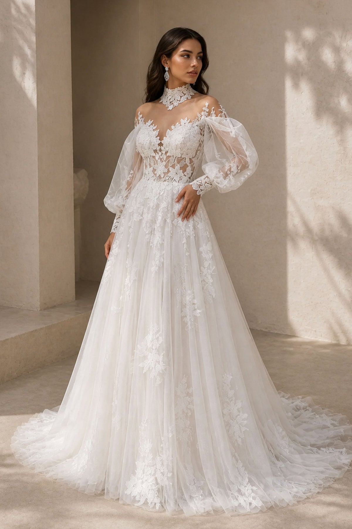 BOLODOO Ivory Lace Wedding Gown - Three-Quarter Front View with Cathedral Train
