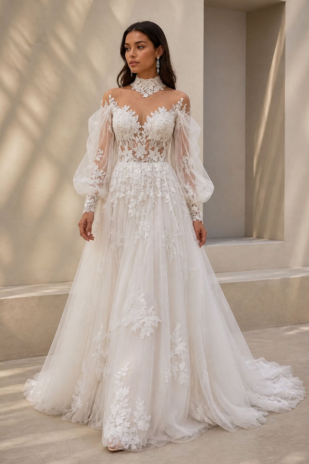 BOLODOO Ivory Lace Puff Sleeve Wedding Gown - Three-Quarter Side View