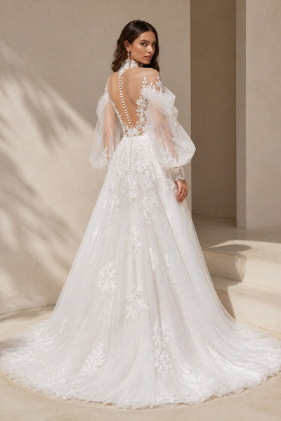 BOLODOO Ivory Lace Wedding Gown - Back View Showing Open Illusion Back and Button Detail