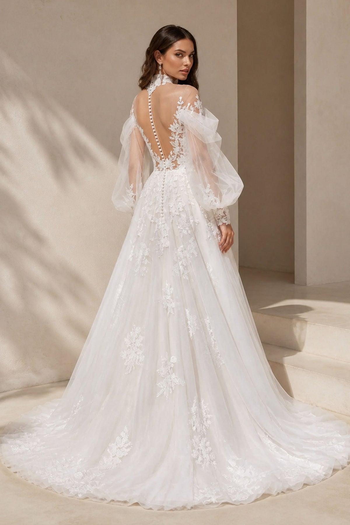 BOLODOO Ivory Lace Wedding Gown - Back View Showing Open Illusion Back and Button Detail