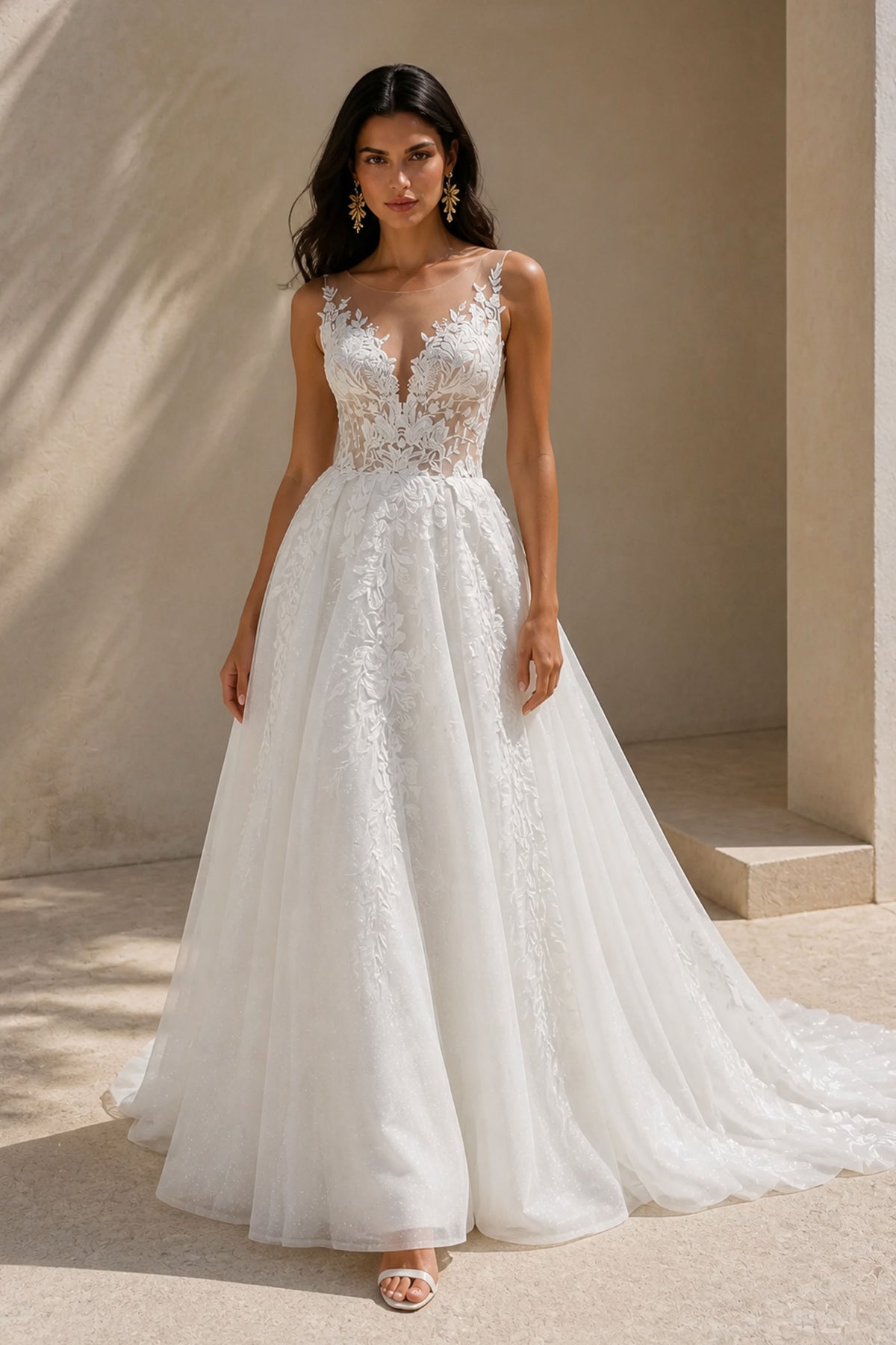 BOLODOO White Illusion Deep V-Neck Lace Appliqué Wedding Gown - Front Hero Shot