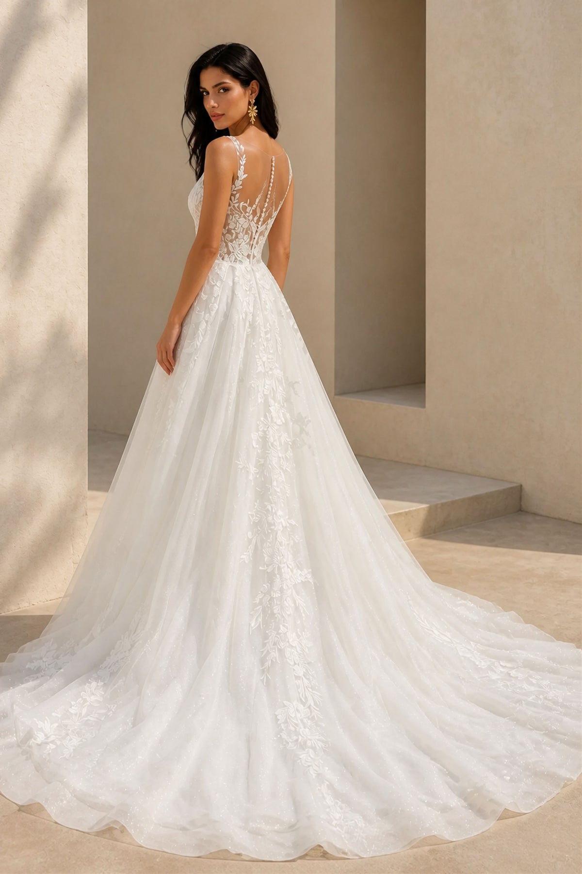 BOLODOO White Lace A-Line Wedding Gown - Three-Quarter Front View with Cathedral Train