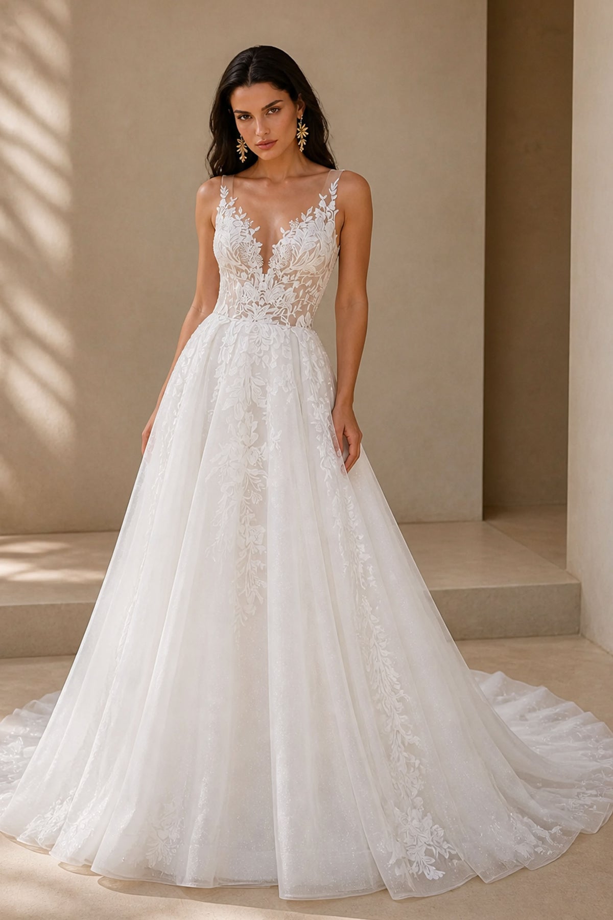 BOLODOO White Lace Wedding Gown - Back View Showing Illusion V-Back and Cathedral Train