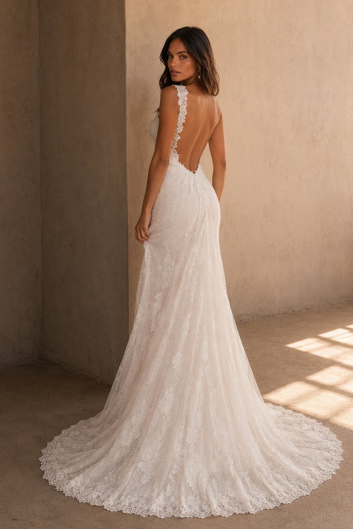 BOLODOO Ivory Lace Mermaid Wedding Gown - Front Close-Up of Sweetheart Neckline and Floral Straps