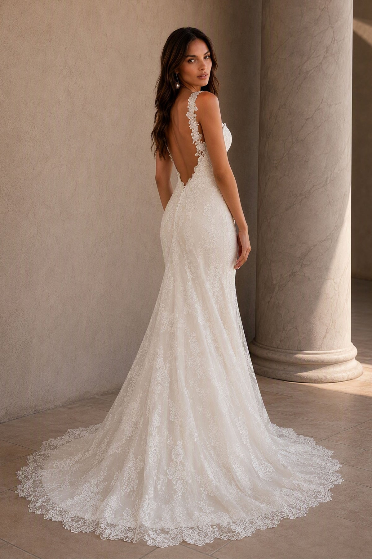 BOLODOO Ivory Lace Mermaid Wedding Gown - Back View Showing Deep Open Back and Cathedral Train