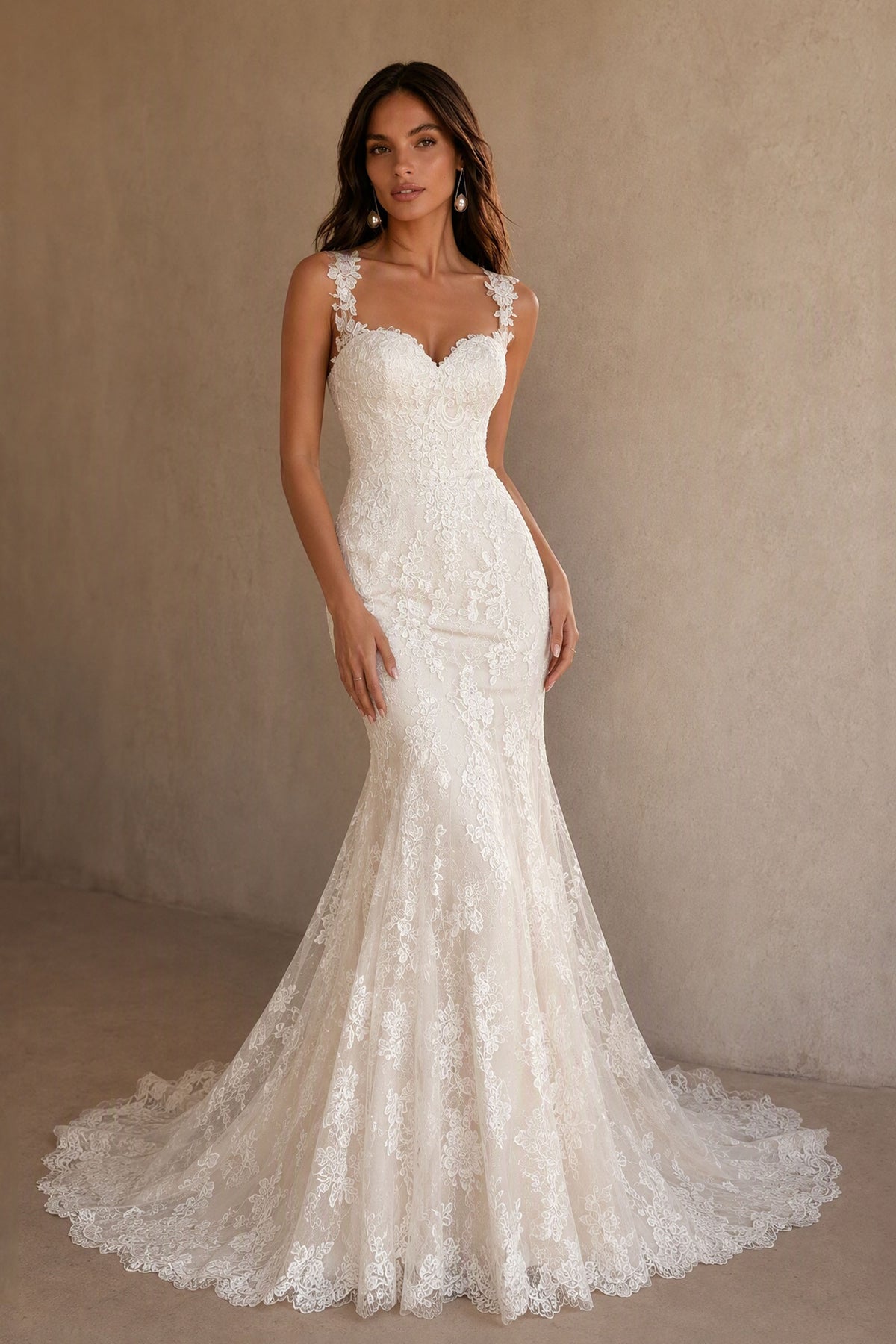 BOLODOO Ivory Lace Mermaid Bridal Gown - Three-Quarter Back View with Scalloped Train