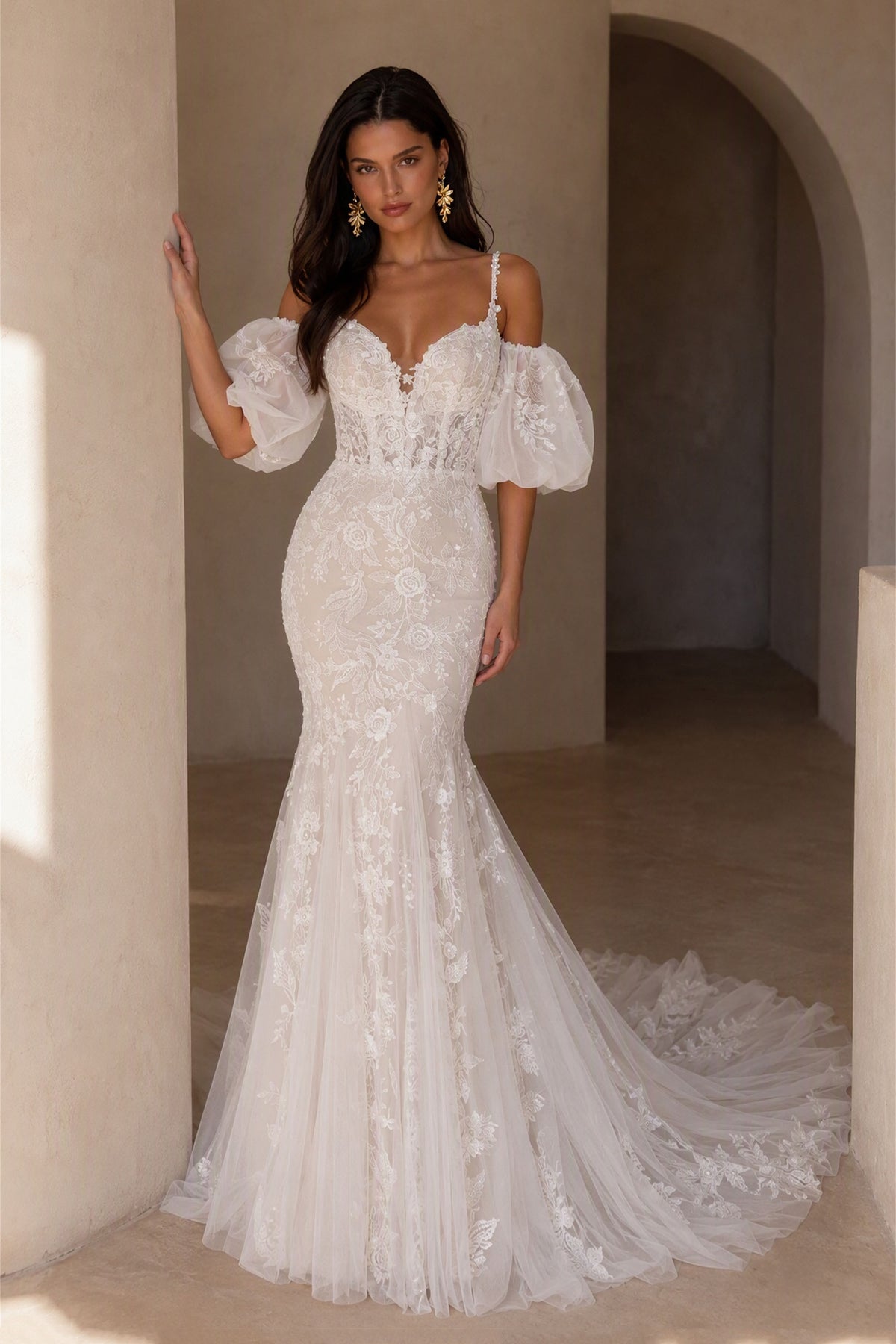 BOLODOO Ivory Lace Mermaid Wedding Gown - Front View with Detachable Off-Shoulder Puff Sleeves