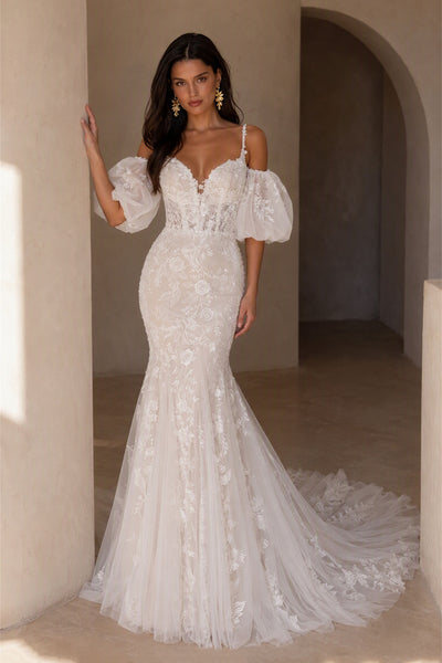 BOLODOO Ivory Lace Mermaid Wedding Gown - Front View with Detachable Off-Shoulder Puff Sleeves