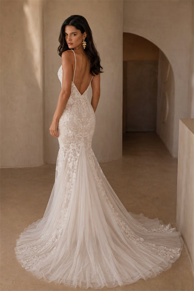 BOLODOO Ivory Lace Mermaid Wedding Gown - Back View with Spaghetti Straps Showing Deep Open V-Back