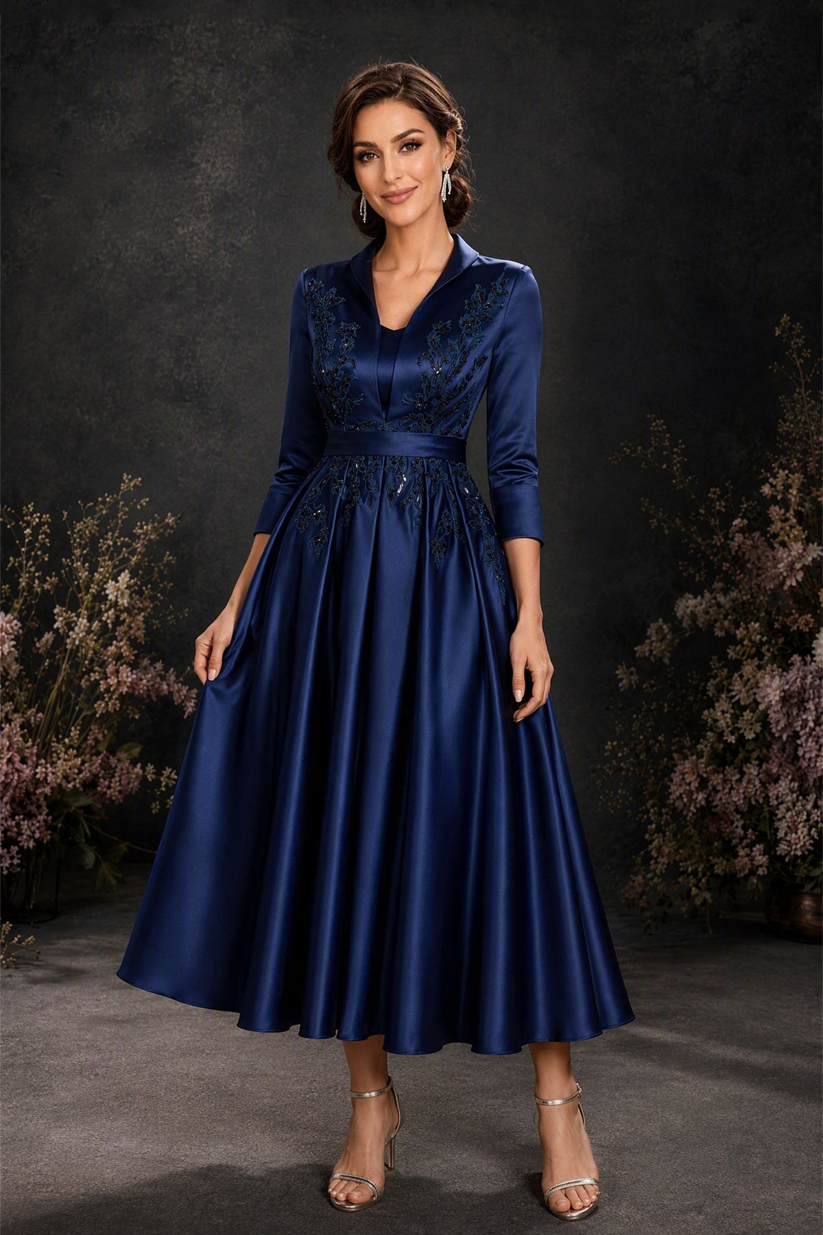 BOLODOO Navy Blue Satin A-Line Tea-Length Dress - Full Front View
