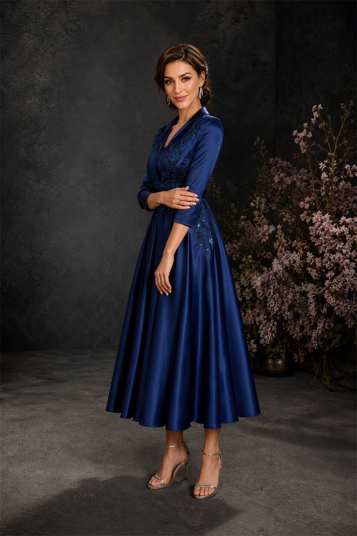 BOLODOO Navy Blue Satin Mother of Bride Dress - Side View Showing A-Line Silhouette