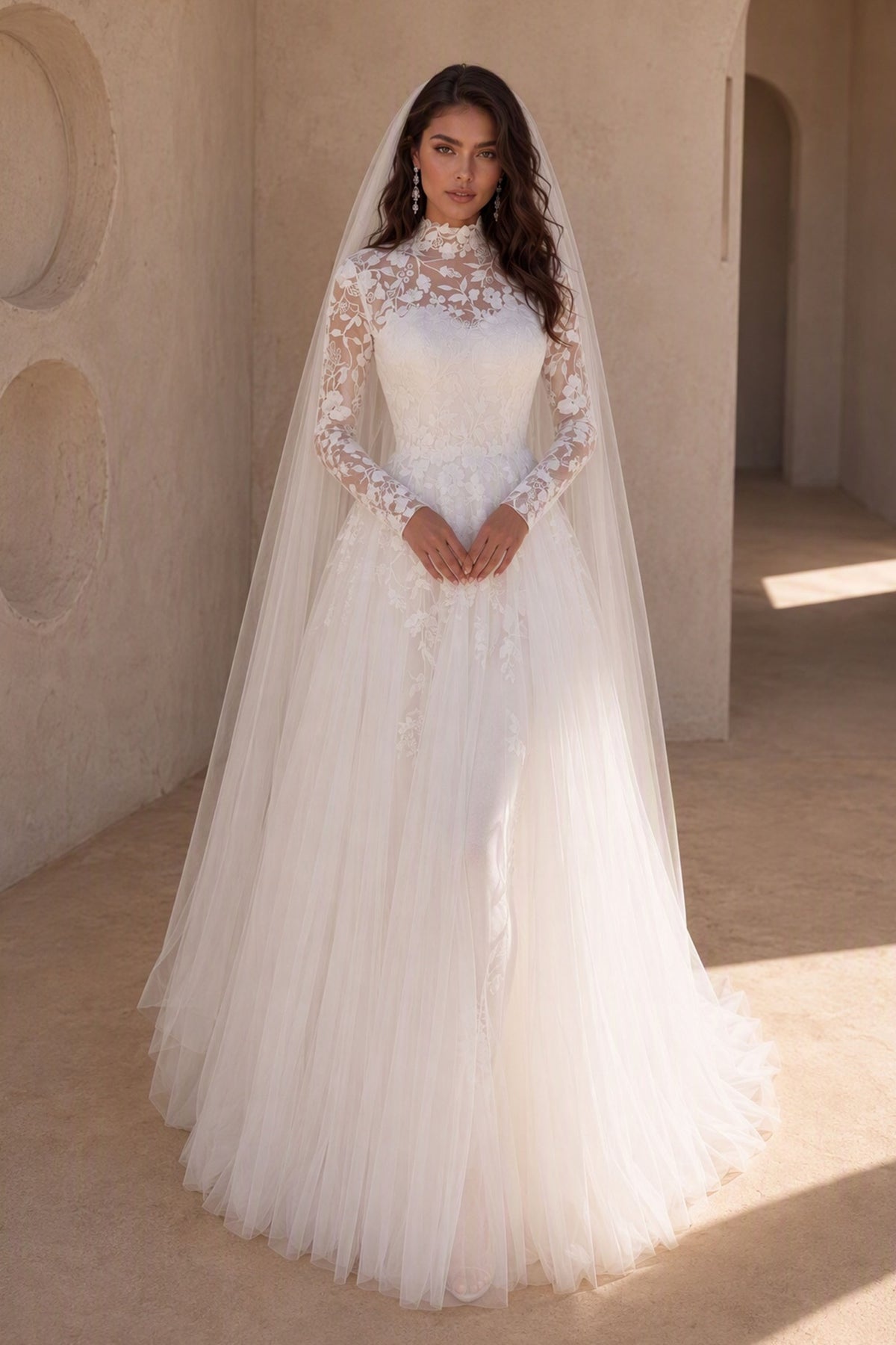 BOLODOO White Illusion High Neck Lace Long Sleeve Wedding Gown - Full Front View with Veil