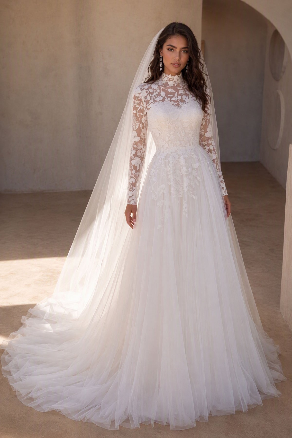 BOLODOO White Lace Long Sleeve A-Line Wedding Gown - Three-Quarter Front View Showing Cathedral Train