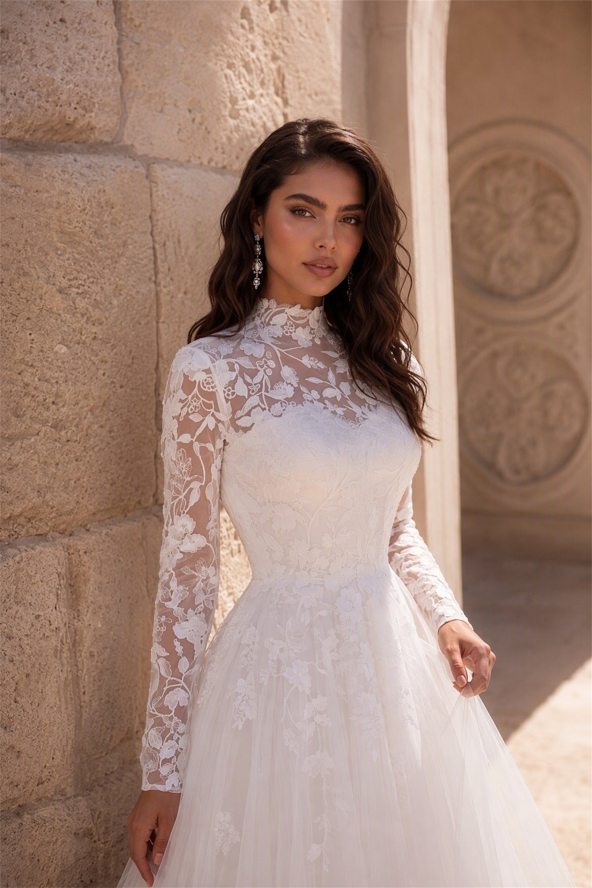 BOLODOO White High Neck Lace Wedding Gown - Front Close-Up of Illusion Bodice and Neckline