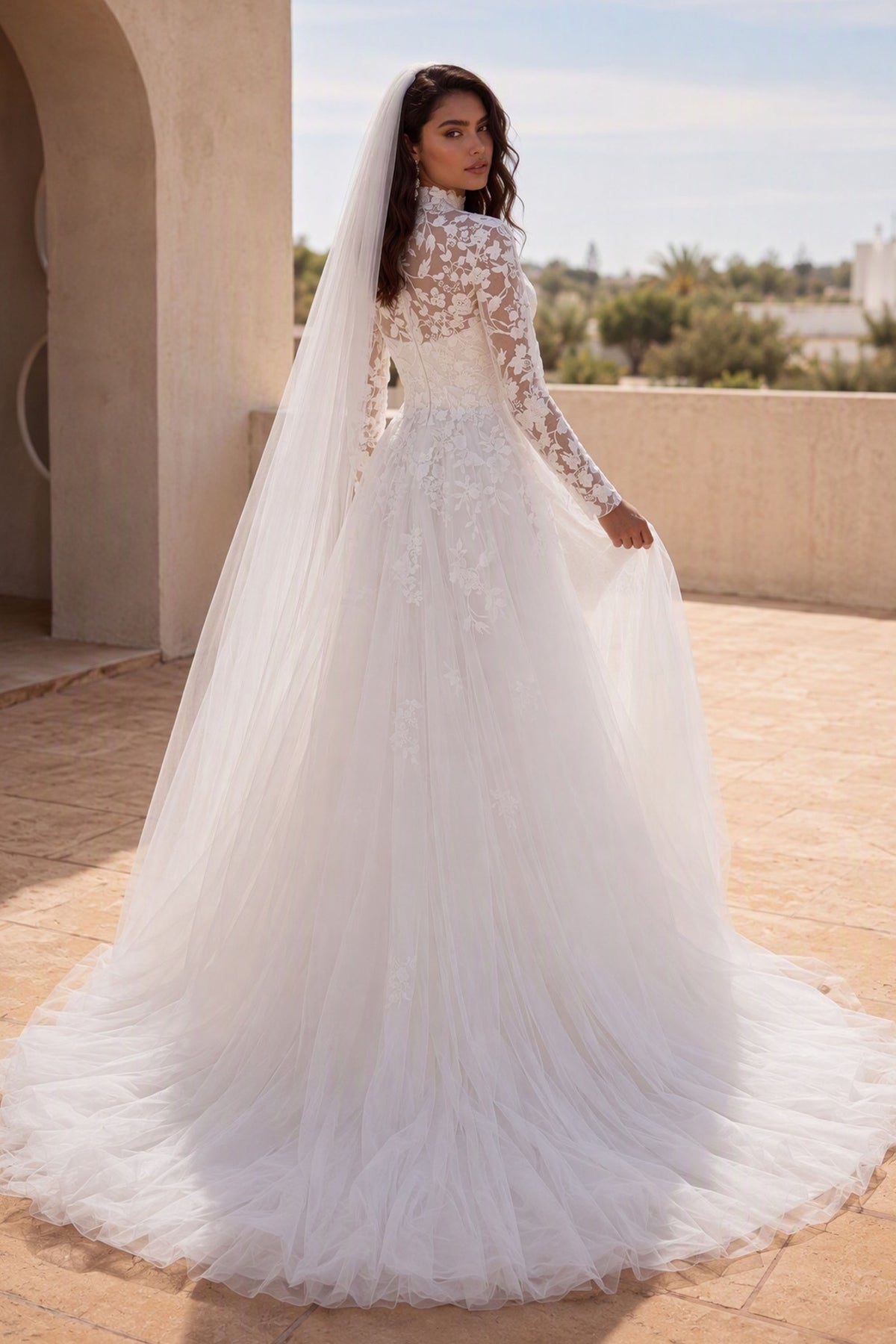 BOLODOO White Lace Long Sleeve Wedding Gown - Back View Showing Illusion Lace Back and Cathedral Train