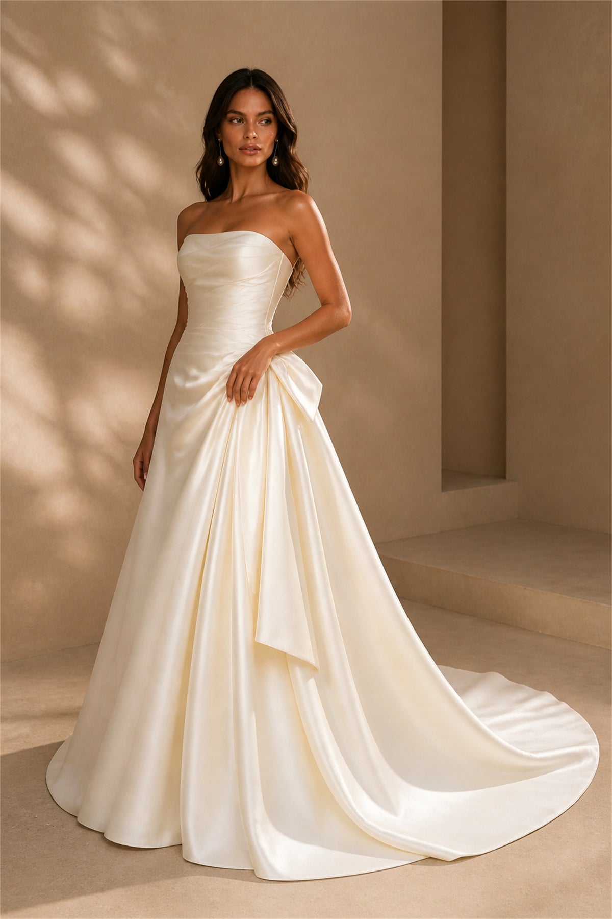 BOLODOO Ivory Satin Strapless Wedding Gown - Three-Quarter View with Cathedral Train