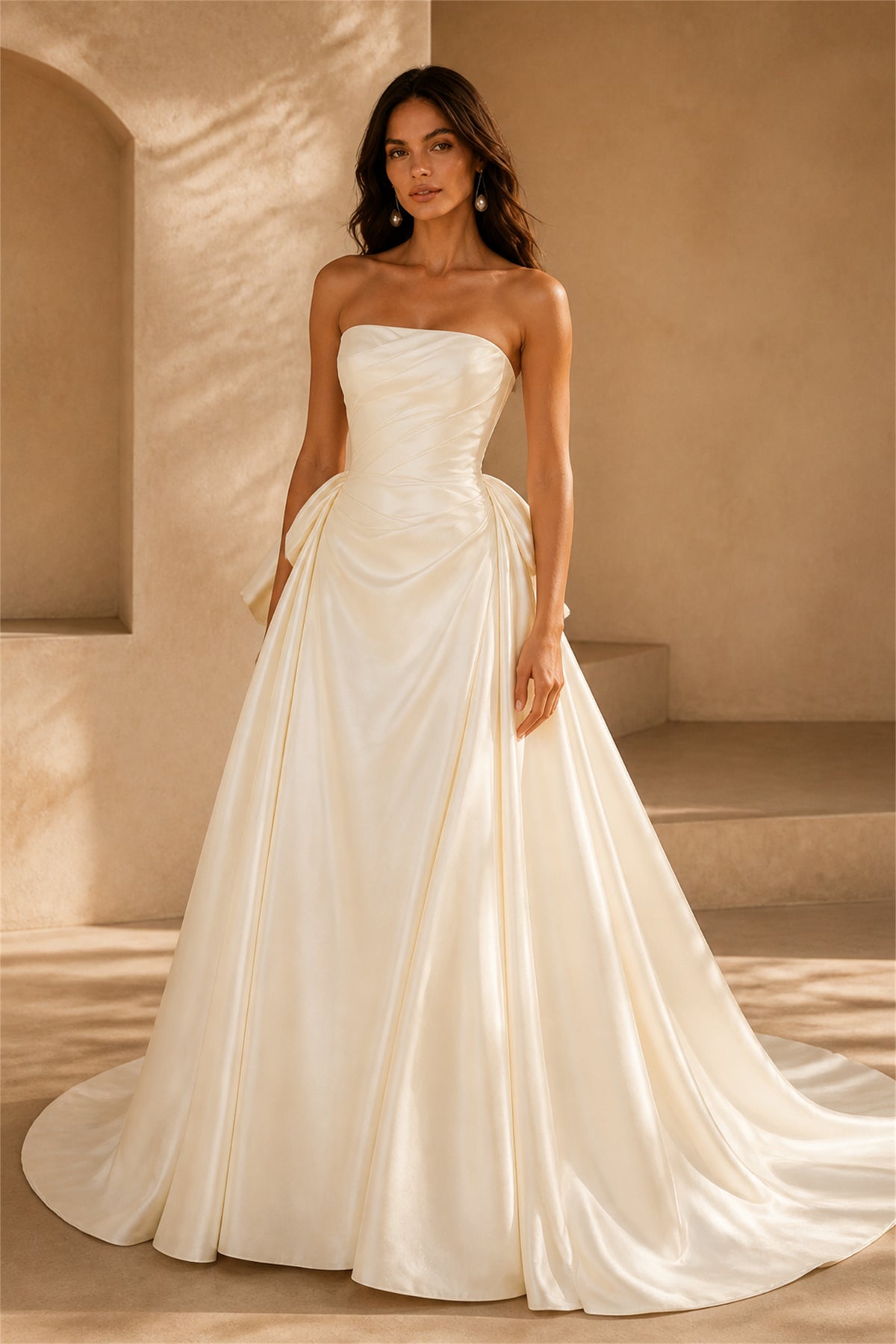 BOLODOO Ivory Satin Wedding Gown - Back View Showing Open Back Lace-Up Corset and Oversized Bow