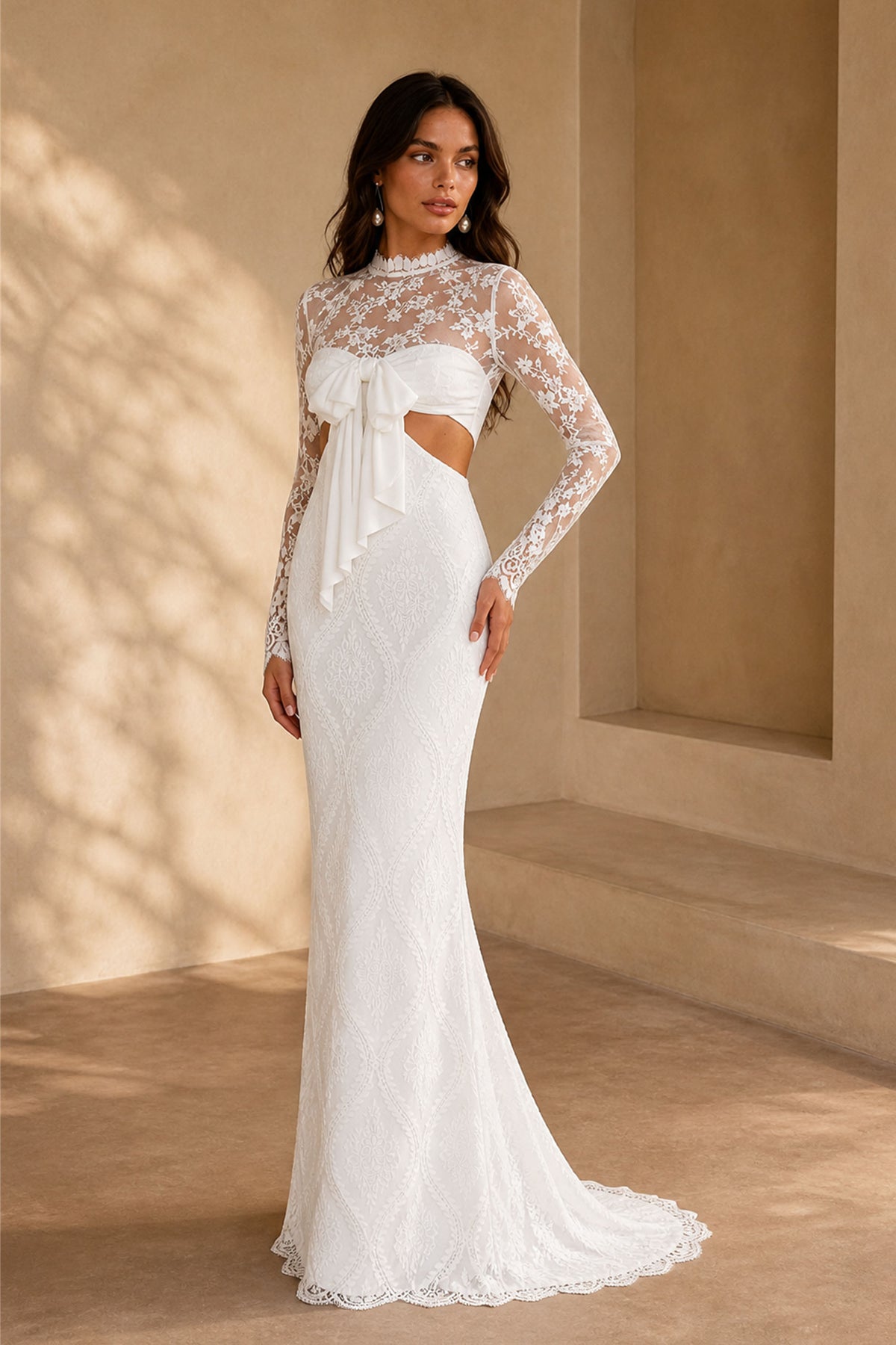 BOLODOO White Lace High Neck Long Sleeve Cutout Bow Wedding Gown - Front View