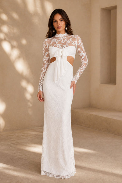 BOLODOO White Lace Cutout Bow Wedding Gown - Full Front View with Chapel Train