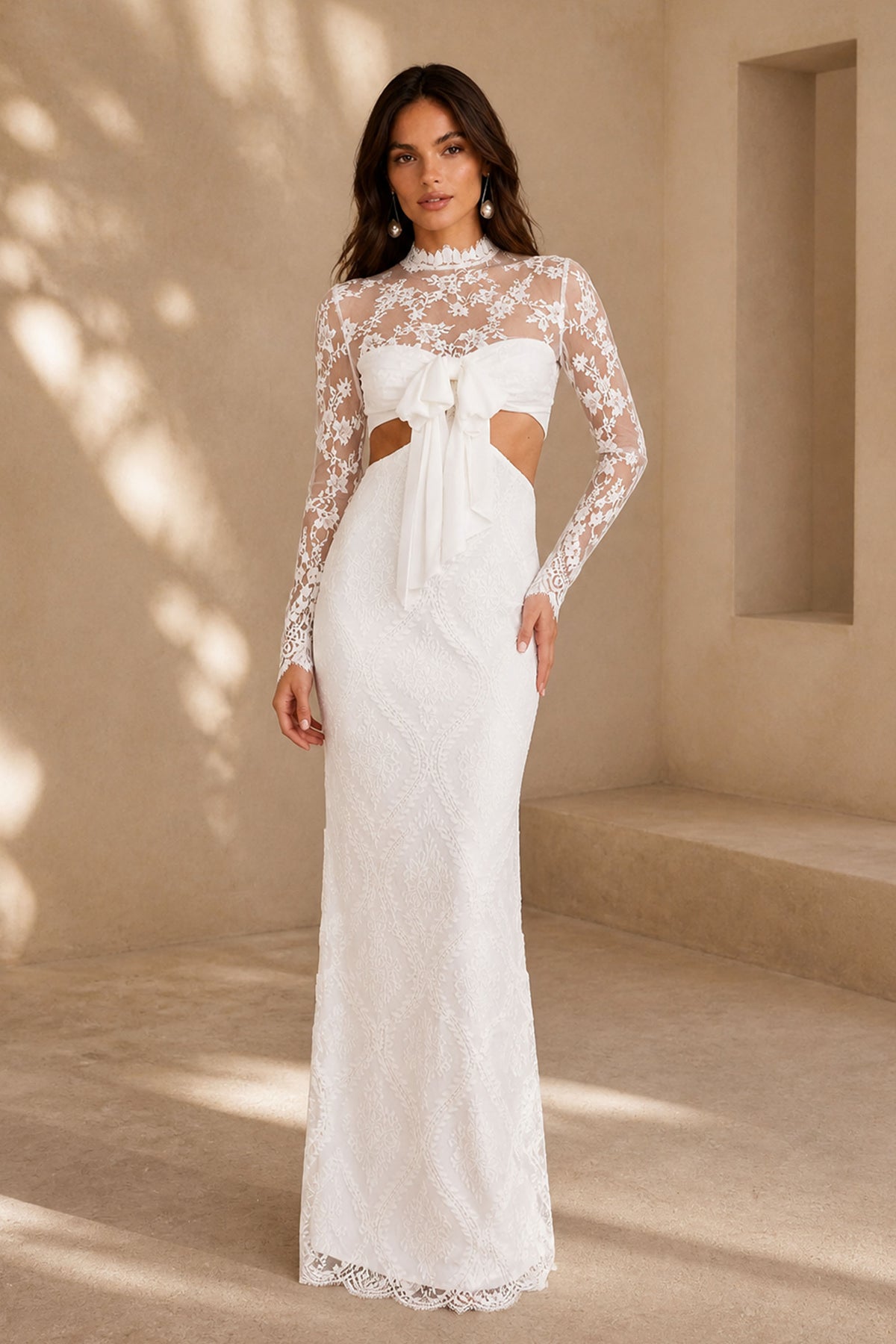 BOLODOO White Lace Cutout Bow Wedding Gown - Full Front View with Chapel Train