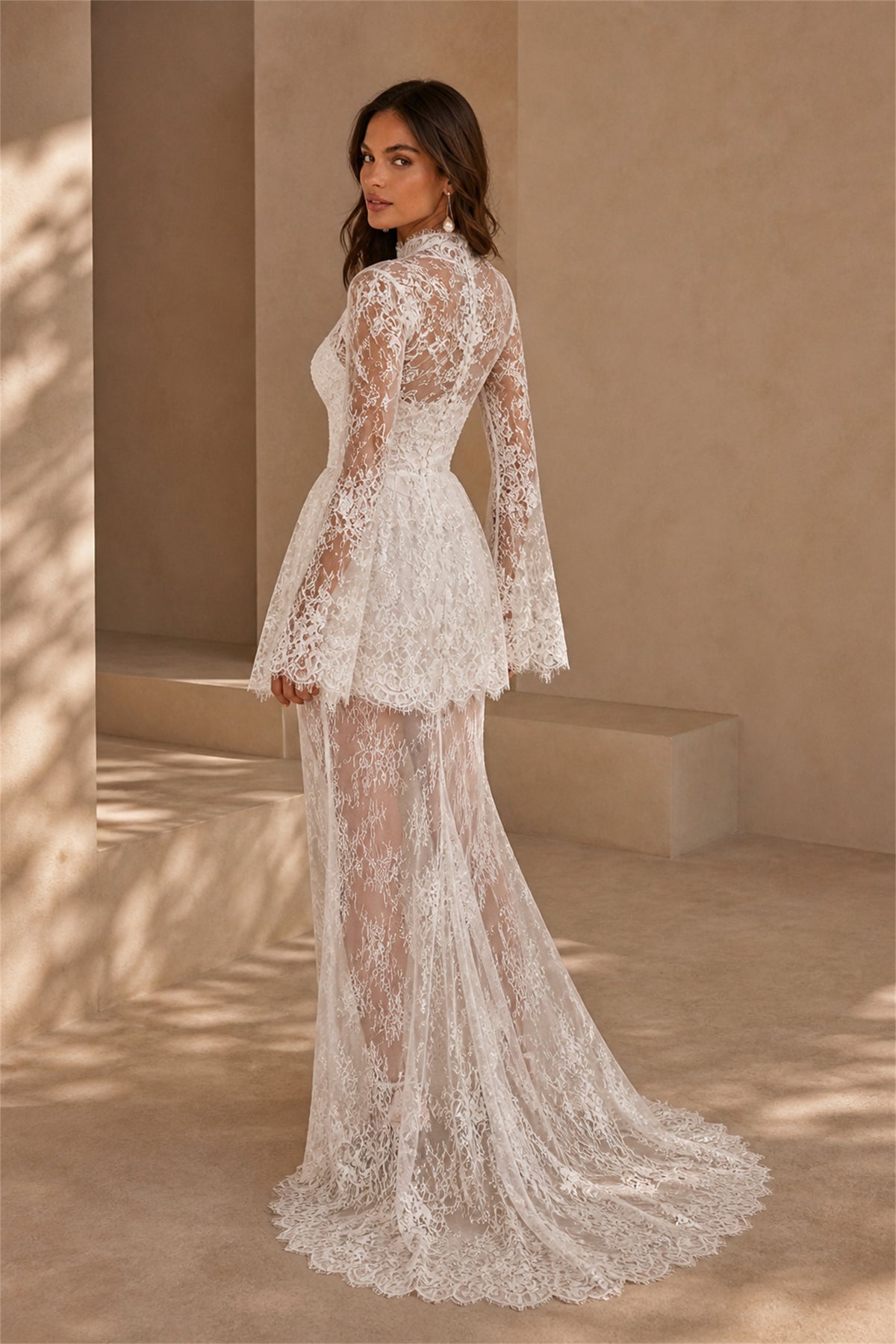 BOLODOO Ivory Lace Bell Sleeve Wedding Dress - Back View Mini Look Showing Illusion Lace Back